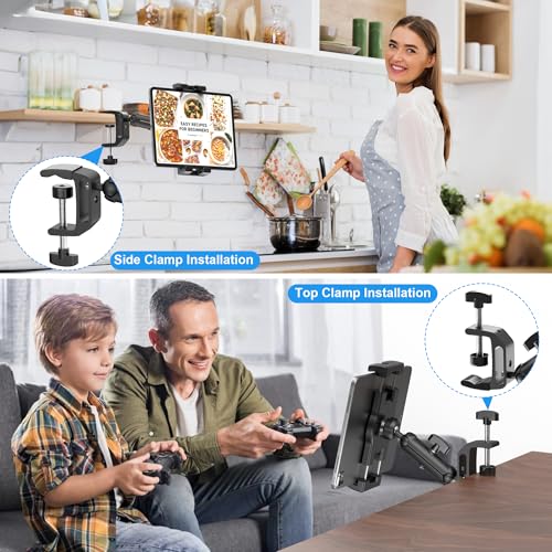 iPad Under Cabinet Mount, Kitchen Tablet Holder, iPad Desk Mount with Clamp | Heavy Duty Aluminum Base & Metal Arm, 360° Rotation, Compatible with 4.7"-12.9" iPad Pro/Air/Mini/Kindles/Galaxy Tab/Phones