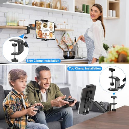 iPad Under Cabinet Mount, Kitchen Tablet Holder, iPad Desk Mount with Clamp | Heavy Duty Aluminum Base & Metal Arm, 360° Rotation, Compatible with 4.7"-12.9" iPad Pro/Air/Mini/Kindles/Galaxy Tab/Phones