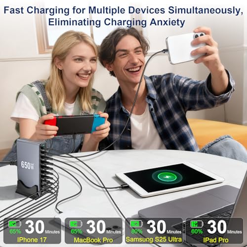 650W USB C Fast Charger Block, Dual PD3.1 140W Multi-Port USB Charging Station, GaN Ⅲ PD PPS Fast Charging Station for Multiple Devices,Laptop Wall Charger Compatible with iPhone 17/iPad/MacBook etc - size: 650W+A 240W Braided Nylon Fast Charging Cable