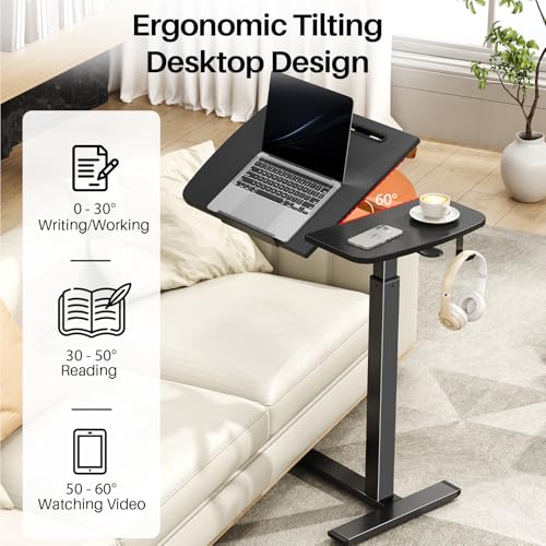 Overbed Table with Wheels, Pneumatic Height and Tilting Desktop | Top Tilts 0-60° with Anti-Slip Stops, Hook, Capacity 66 lbs, 1.18 in Low-Profile Base Slides Easily Under Beds and Sofa - color: Black