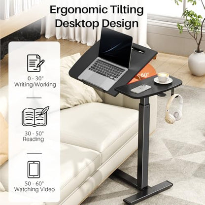 Overbed Table with Wheels, Pneumatic Height and Tilting Desktop | Top Tilts 0-60° with Anti-Slip Stops, Hook, Capacity 66 lbs, 1.18 in Low-Profile Base Slides Easily Under Beds and Sofa - color: Black