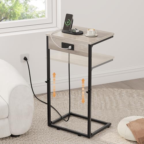 C Shaped End Table with Charging Station, Adjustable Height Side Table for Couch,Small Side Table Small Spaces,33.2'' Tall Couch Tables that Slide Under, Tv Tray Table for Living Room, Greige - color: Greige (1 Pack), style: With Plug