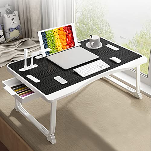 Laptop Bed Table, Laptop Desk for Bed, Foldable Laptop Bed Desk with USB Charge Port, Handle, Desktop Card Slot, Cup Slot, Side Drawer, Portable Laptop Table for Bed Eating Reading Working - color: Black