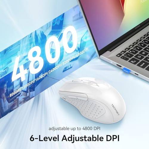 TECKNET Rechargeable Jiggler Wireless Mouse (BT5.0/3.0 & 2.4G) 4800 DPI Silent USB A & Bluetooth Mouse 6 Buttons, Wide Compatibility - White - color: White