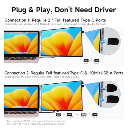 15" Portable Laptop Screen Extender Dual 1080P FHD Triple Monitor | Aluminum Alloy Casing, Tilt Adjustable Stand, Attachment, USB-C, HDMI for 13-16'' Laptops, Leather Case, No Driver - size: 15 inches