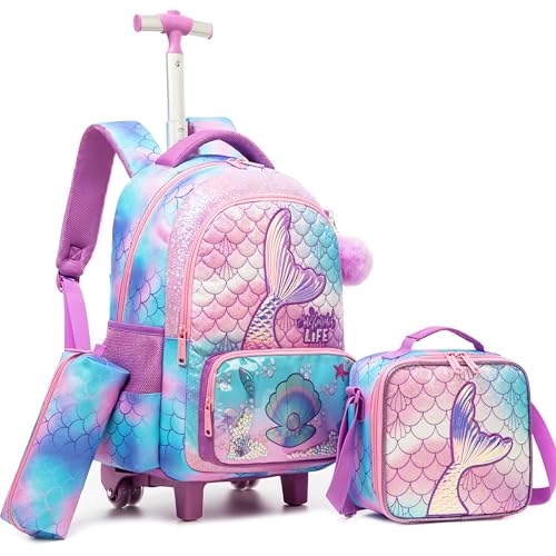 Meetbelify Kids Mermaid Rolling Backpack with Wheels for Elementary Students Kids Travel Luggage Carry on School Backpack for Girls Ages 6-8 - color: 01 Mermaid