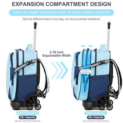 NEW TILAMI 18 Inch Expandable Rolling Backpack Stair-Climbing for School | 6-Wheel Stair-Climbing Girls Boys Carry-on Suitcase 15.6 Laptop Sleeve Water-Resistant Adjustable Handle Wheel Travel Camping - color: Sky Blue