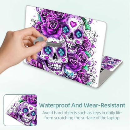 Universal Laptop Skin Decal, 3-Piece Vinyl Protector for 12 13 14 15.6" Notebook, Waterproof Anti-Scratch, Easy Trim & Bubble-Free Finish, Skull with Purple Roses - color: Skull with Purple Roses