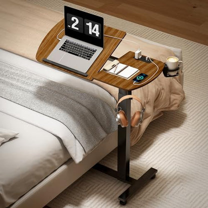 6 In 1 Overbed Table, 32'' Long Hospital Bed Table, Bedside Table (Walnut) | 32'' Length, 0- 90°Adjustable Tilt, Standing Desk Charging Station, Cup Holder, Hook, 30''-43'' Height Home Hospital Office - color: Walnut