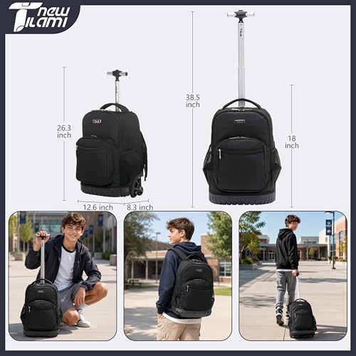 NEW TILAMI 18 Inch Rolling Backpack with Lunch Bag for Girls Boys School | 6-Wheel Stair-Climbing Girls Boys Carry-on Suitcase Water-Resistant Adjustable Trolley Handle Wheels School Travel Camping - color: Black