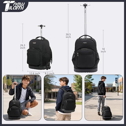 NEW TILAMI 18 Inch Rolling Backpack with Lunch Bag for Girls Boys School | 6-Wheel Stair-Climbing Girls Boys Carry-on Suitcase Water-Resistant Adjustable Trolley Handle Wheels School Travel Camping - color: Black