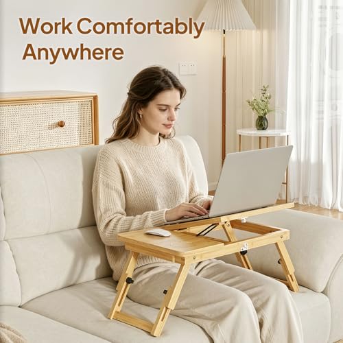Bamboo Laptop Desk for Bed, Height & Angle Adjustable Foldable Lap Desk with Drawer & Cup Holder, Portable Bed Desk Table for Working, Reading, Writing or Breakfast on Sofa, Couch or Floor