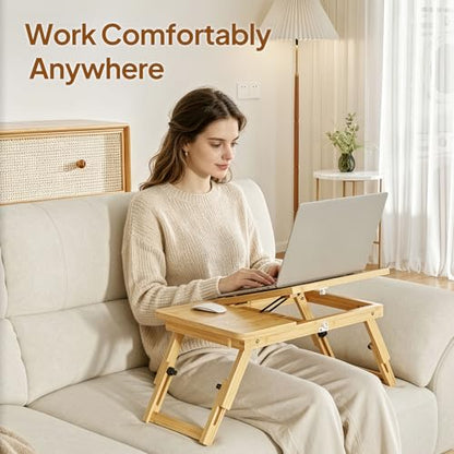 Bamboo Laptop Desk for Bed, Height & Angle Adjustable Foldable Lap Desk with Drawer & Cup Holder, Portable Bed Desk Table for Working, Reading, Writing or Breakfast on Sofa, Couch or Floor