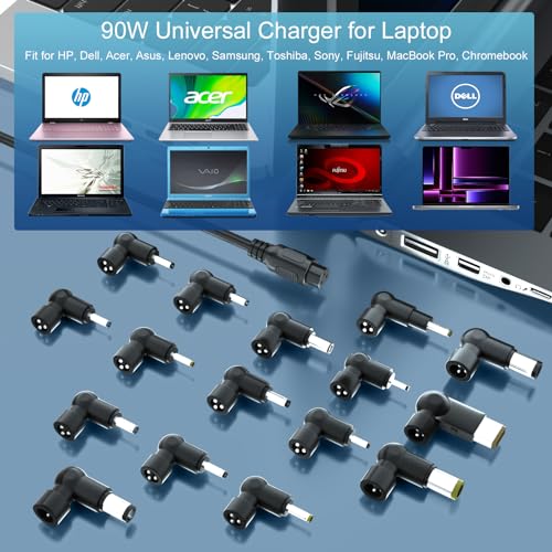 90W Universal Laptop Charger for HP Dell Acer Asus Lenovo Power Cord | 16 precision tips fit 99% of laptops. Seamlessly matches HP blue tip, Lenovo yellow square, Dell, Asus & Acer.