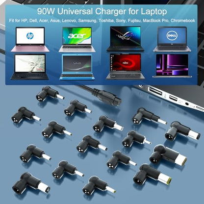 90W Universal Laptop Charger for HP Dell Acer Asus Lenovo Power Cord | 16 precision tips fit 99% of laptops. Seamlessly matches HP blue tip, Lenovo yellow square, Dell, Asus & Acer.