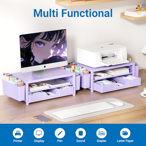Laptop Stand for Desk Organizer, Computer Monitor Stand Riser with Drawer and 2 Pen Holders, Ventilated Perforated Steel Top, Office Desk Accessories for Home Office Supplies, Purple