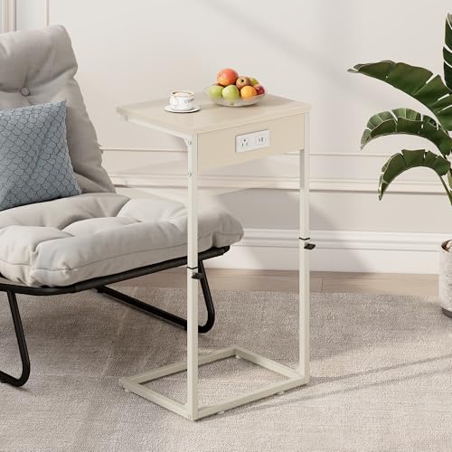 C Shaped End Table with Charging Station, Adjustable Height Side Table for Couch, Small Side Table, 33.2'' Tall Couch Tables that Slide Under, Tv Tray End Table for Living Room, Beige - color: Beige (1 Pack), style: With Plug