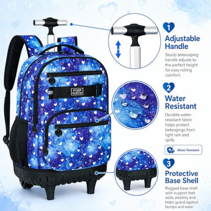 3Pcs Rolling Backpack for Girls Women, Travel Roller Backpacks with Wheels for Adults, Teens College Love Polka Dots Wheeled Bookbag with Lunch Box(Blue) - color: Blue
