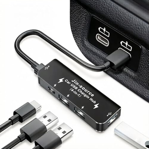 Car Accessories 4-in-1 Car USB Hub Equipped with a Data Interface and Multiple Type-C/USB-A Fast Charging interfaces，USB Hub for iPhone,iPad,Samsung Galaxy,USB Flash Drive，Android（Black）