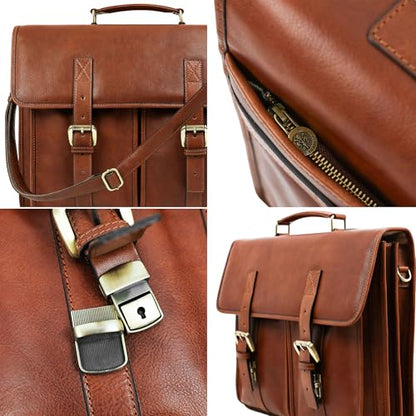 Time Resistance Leather Briefcase for Men Handcrafted in Italy Full Grain Messenger Bag for Laptop - color: Cognac