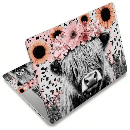 Laptop Skin Sticker for 12.1”-15.6“ Laptops (Fits 13”, 13.3”, 14”, 15”, 15.4”) | Protective Universal Reusable Vinyl Art Decal Cover | Waterproof & Scratch-Resistant-Highland Cow w/Pink Floral Crown - color: Highland Cow with Pink Floral Crown
