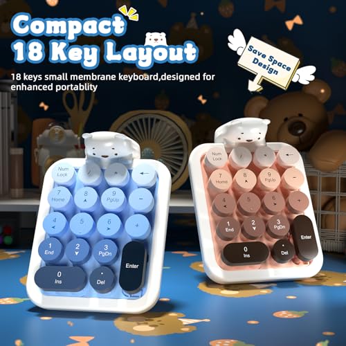 FELICON Cute Wireless Numeric Keypad with Silicon Bear,18-Key-Milk Blue | Colorful Round Keycaps,Ergonomic,2.4Ghz USB Receiver,Portable Financial Accounting Numpad Membrane Keyboard for PC,Mac,Laptop - color: Milk Blue