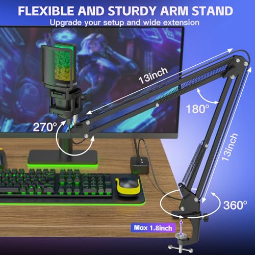 ZealSound Microphone for PC, USB Condenser Gaming Mic with Noise Reduction, Gain Control, Mute, Zero-Latency Monitoring, RGB Lighting, Boom Arm & Tripod Stand for Mac iPhone Android Podcasting TikTok