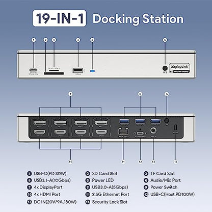 WAVLINK DisplayLink Laptop Docking Station Quad Monitor 4K@60Hz for MacBook | 100W PD Charging for Laptop with Thunderbolt 5/4/3, USB-C/A - M1-M5 Mac/Neo/Windows- 4 HDMI, 4 DP, SD 4.0, 2.5Gbps LAN - color: Silver