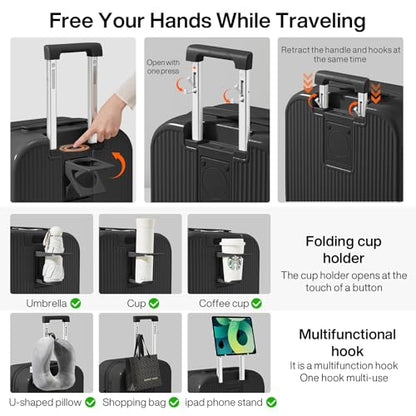 mixi Checked Luggage with Cup Phone Holder Hard Shell Rolling Travel Suitcases with Spinner Wheels,26 Inch Black - color: Black, size: 26-inch
