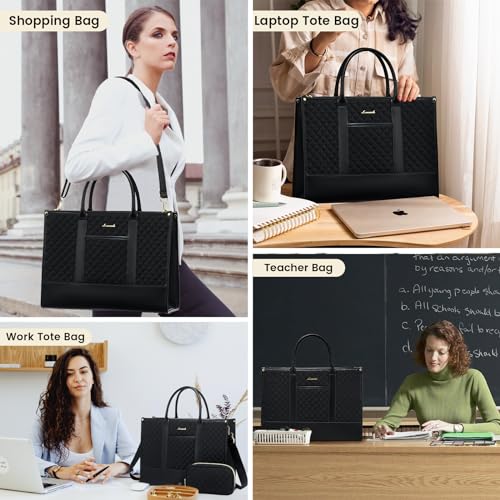 LOVEVOOK Laptop Bags for Women, 15.6 inch Waterproof Work Tote Bag with Clutch, Professional Teacher Computer Purse Lightweight Shoulder Bag Travel, Quilted Black | Canvas Quilted Computer Purse with Shoulder Strap&Clutch, Professional Teacher Handbag Off