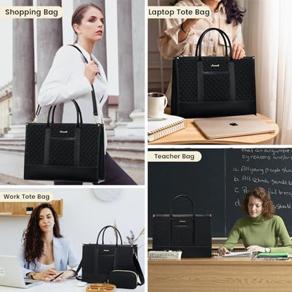 LOVEVOOK Laptop Bags for Women, 15.6 inch Waterproof Work Tote Bag with Clutch, Professional Teacher Computer Purse Lightweight Shoulder Bag Travel, Quilted Black | Canvas Quilted Computer Purse with Shoulder Strap&Clutch, Professional Teacher Handbag Off