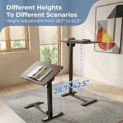 DUMOS Rolling Desk, Laptop Desk, Overbed Table with Wheels | Mobile Overbed Bedside, Portable Computer Workstation, Bed Sofa Couch, Adjustable Height, Chocolate - color: Chocolate