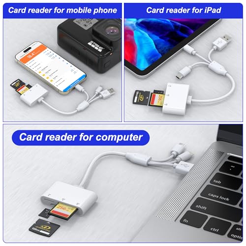 XD Card Reader, 3-in-1 SD/TF/XD Card Adapter - Lightning + USB A + USB C SD Card Reader Plug & Play, OTG Memory Card Reader for iPhone 17/16/15/14/iPad/PC/Android