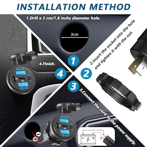 VANONE 12V USB Outlet with On/Off Switch – 4-Port Fast Charging for Car, Boat, RV & Marine Use, Prevents Battery Drain, Built-in Professional Look, Complete DIY Kit for Permanent Installation
