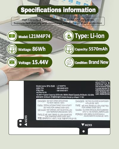 86Wh L21M4P74 L21C4P72 Replacement for Lenovo ThinkPad T16 Gen 1 / Gen 2 & ThinkPad P16s Gen 1 / Gen 2 Series – Parts L21D4P73 L21M4P73 L21L4P72 L21D4P72-15.44V - size: 12.57*4.32*0.19 IN L21M4P74