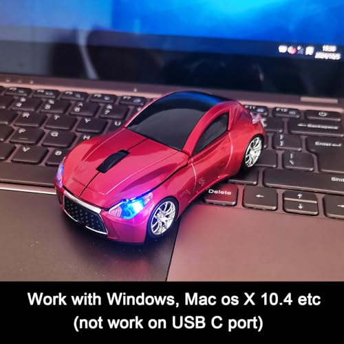 Car Mouse for Computer, Wireless Car Shaped Mice for Laptop, PC, Mini Cute Mouse with 2.4Ghz USB Receiver, 3D, 1600DPI, Silent Clicks, LED Headlights (Red) - color: Y-Red