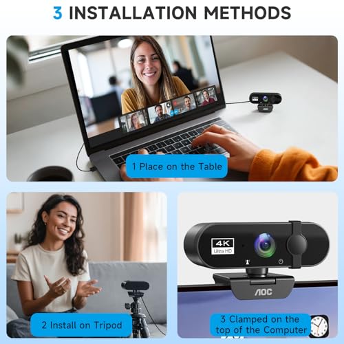 AOC 4K Webcam for PC, Streaming Computer Camera with Noise-Canceling Mic | 90° FOV, Privacy Cover, Plug & Play, Zoom/Skype/FaceTime Compatible, Works with Mac/Laptop/Switch 2, USB C-A Adapter Included - color: Black
