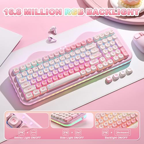 YUNZII C98 Wireless Mechanical Keyboard with Number Pad,99 Key BT5.0/2.4G/USB-C Hot Swap Gasket Mount with PBT MOA Keycaps,Custom RGB,Cute Cake Keyboard for Win/Mac (Pink, Milk V2 Linear Switch) - color: Pink, size: Milk V2 Linear Switch