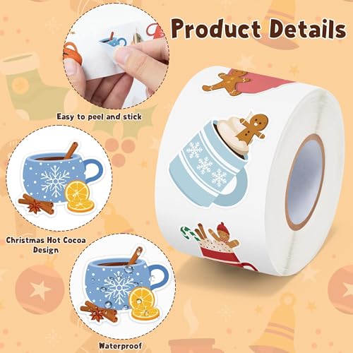 CNhoqc Christmas Cocoa Sticker Roll - 2000 Pcs Winter Hot Cocoa Mug Marshmallow Waterproof Vinyl Decal Reusable Laptop Sticker Scrapbook Water Bottle Junk Journal Party Supplies Skateboard Travel Case - style: Christmas Cocoa 4-Rolls