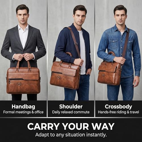 Men's Leather Laptop Bag 15 IN, Water-Resistant Briefcase Messenger Bag for Work, Business, Shoulder Crossbody Office Satchel - color: Deep Khaki