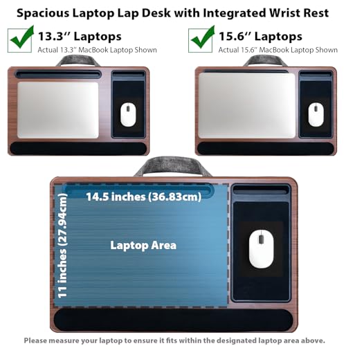 Cyberguys Comfort Lap Desk for Laptop up to 15.6 in – Black with Saddletan Wood Overlay with Mouse Pad, Phone & Tablet Slot, Dual Cushion Base, Wrist Rest & Carry Handle for Bed Desk Couch Sofa - color: Black With Saddletan Wood Overlay