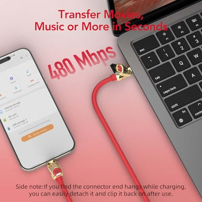 MFish 240W 4-in-1 Charging Cable with Carrying Case, 6.6FT Fast Charger USB-A & USB-C to USB-C/Lightning, for iPhone 17/16/15/14, MacBook, iPad, Samsung S25/S24 (Red, 6.6Ft) - color: Red, size: 6.6Ft