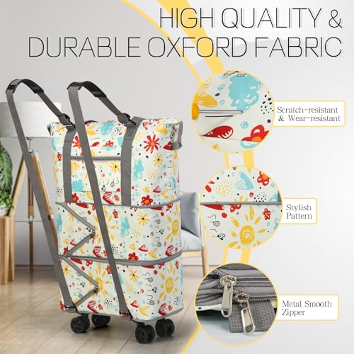VOOWO Rolling Duffel Bag with Wheels - Foldable Expandable Duffle Bag with Wheels for Travel, Rolling Luggage Bag Carry On Bag with Wheel, Large Rolling Backpack Weekend Bag for Men Women (Flower) - color: Flower