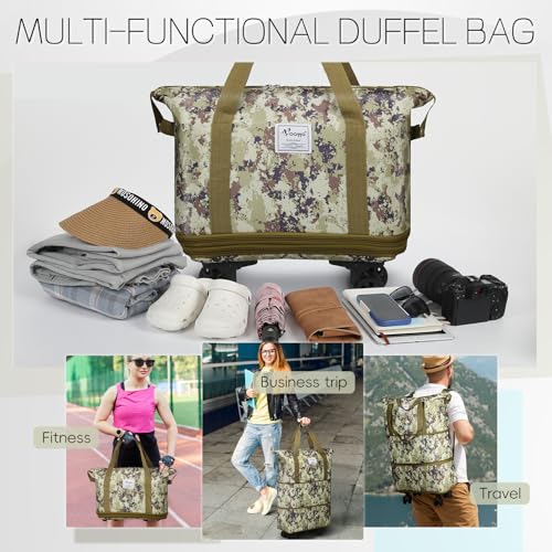 VOOWO Duffel Bag with Wheels - Rolling Foldable Expandable Duffle Bag with Wheels for Travel, Rolling Luggage Carry On Bag with Wheels, Large Rolling Backpack Weekend Bags for Men Women (Camouflage) - color: Camouflage