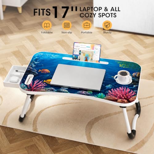 Laptop Bed Table with Foldable Legs & Cup Holder – Portable Lap Desk for Eating, Working, or Writing in Bed, on Sofa or Floor – Lightweight Standing Tray for Laptop, Breakfast, Tablet, Book