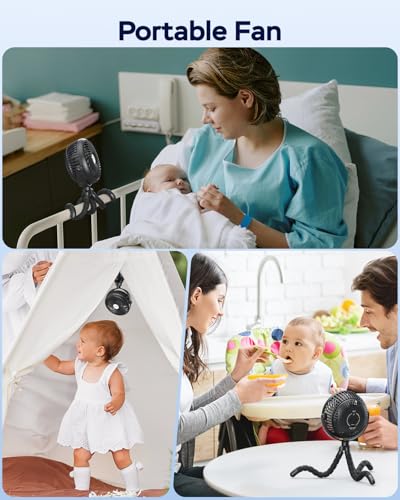 AMACOOL Baby Stroller Fan - 5000mAh Rechargeable, 3-Speed, Strong Yet Quiet, 360°Rotate Portable Clip on Fan for Travel, Car Seat, Crib, Bike, Treadmill, Beach Vacation Essentials - color: Black