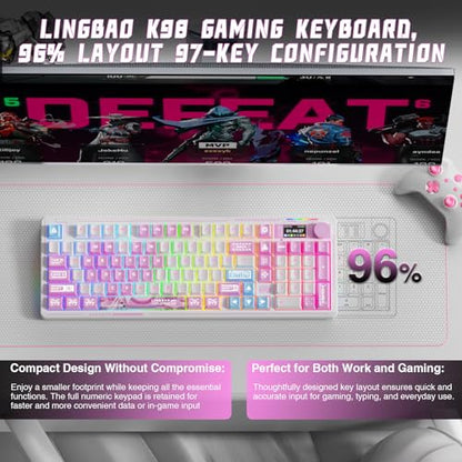 LINGBAO K98 PRO Anime Mechanical Wireless Gaming Keyboard with Screen Knob | Tri-Mode BT5.0/2.4G/USB-C, Gasket Mount Hot Swappable Linear Switches, RGB Backlit Creamy Sounding for PC/Mac Office& Gaming - color: K98Pro | 10000mAh | Anime Pink
