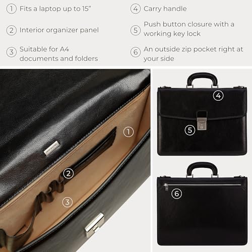 Time Resistance Leather Briefcase - Italian Handmade Leather Laptop Bag - Handbag for Men - Professional Computer Case - color: Black