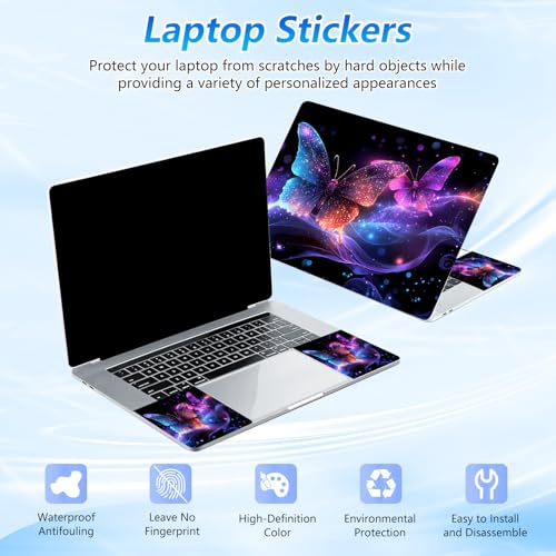 Universal Laptop Skin Sticker Decal with 2 Wrist Pad Skins, Waterproof Scratch Vinyl Cover for 11–15.6 Inch MacBook, HP, Dell, Lenovo, Cutable & Reusable,Glowing Neon Butterfly - color: Glowing Neon Butterfly
