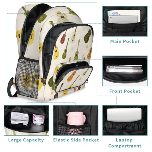 Guitar Flowers Large Backpack for Women and Men Waterproof Travel Laptop Backpack Lightweight Business Work Daypack Fits 17 Inch Computer - color: Multicolor 3